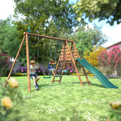 Portique en bois avec plateforme 3 agrès et toboggan - Violette - Usage familial en extérieur