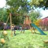 Portique balançoire en bois avec plateforme 3 agrès et toboggan - Violette - Usage familial en extérieur - Jardin avec enfants