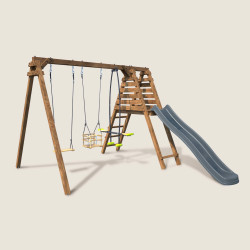 Balançoire avec toboggan en bois traité carré, Objectif Nature 3 agrès - Trèfle - Vue 3/4 droite