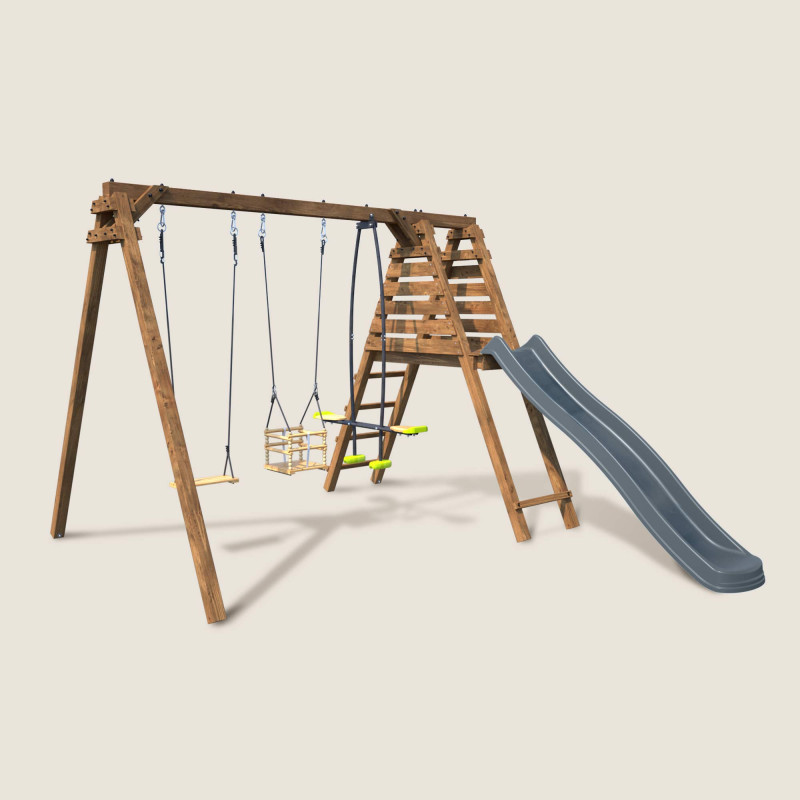 Balançoire avec toboggan en bois traité carré, Objectif Nature 3 agrès - Trèfle - Vue 3/4 droite