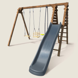 Balançoire avec toboggan en bois traité carré, Objectif Nature 3 agrès - Trèfle - Vue 3/4 gauche
