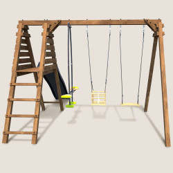Balançoire avec toboggan en bois traité carré, Objectif Nature 3 agrès - Trèfle - Vue de dos