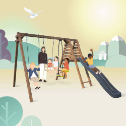 Balançoire avec toboggan en bois traité carré, Objectif Nature 3 agrès - Trèfle - Jeu familial.
