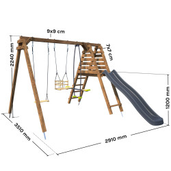 Balançoire avec toboggan en bois traité carré, Objectif Nature 3 agrès - Trèfle - Dimensions