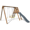 Balançoire avec toboggan en bois traité carré, Objectif Nature 3 agrès - Trèfle - Vue 3/4 droite