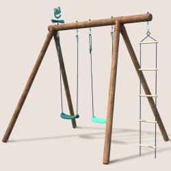 Portique balançoire en bois échelle et balançoire 3 agrès - Tonka - Vue de 3/4