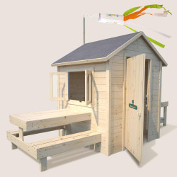 Cabane en bois avec table et mini-cuisine pour enfants – Blanche - Vue coté table