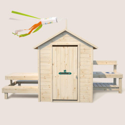 Cabane en bois avec table et mini-cuisine pour enfants – Blanche - Vue de face