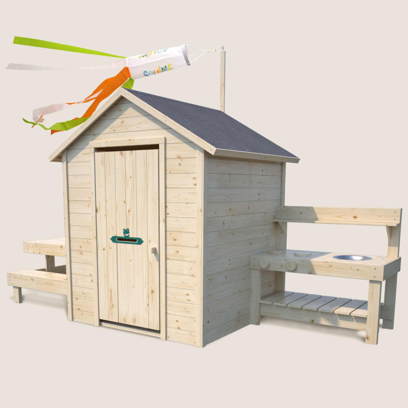 Cabane en bois avec table et mini-cuisine pour enfants – Blanche - Vue 3/4 droite