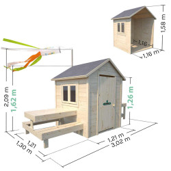 Cabane en bois avec table et mini-cuisine pour enfants – Blanche - Dimensions