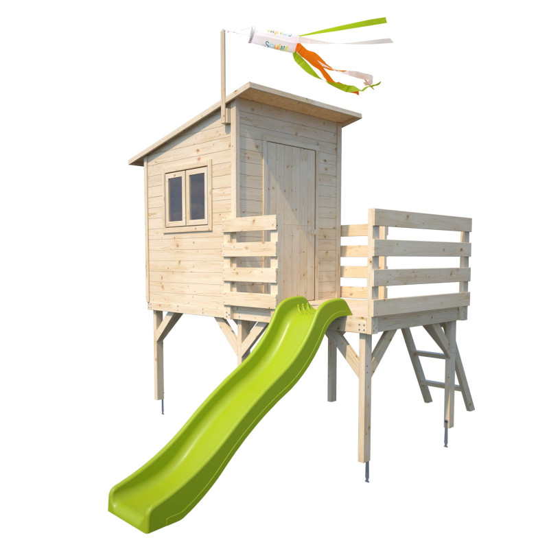Cabane en bois verni sur pilotis avec toit plat et toboggan pour enfants – Portland - Vue 3/4 droite