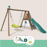 Station en bois avec portique, tipi et toboggan et agrès nid - Camélia Nid - Vue 3/4 droite avec le nid installé.