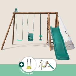 Portique en bois traité multi-activités Camélia – avec vis-à-vis, toboggan, balançoire, tipi, siège bébé et agrès bateau