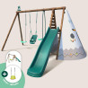 Portique en bois traité multi-activités Camélia – avec vis-à-vis, toboggan, balançoire, tipi, siège bébé et agrès bateau