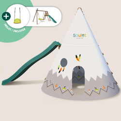 Portique en bois traité multi-activités Camélia – avec vis-à-vis, toboggan, balançoire, tipi, siège bébé et agrès bateau