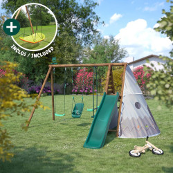 Portique en bois traité multi-activités Camélia – avec vis-à-vis, toboggan, balançoire, tipi, siège bébé et agrès bateau