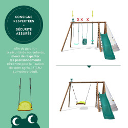 Portique en bois traité multi-activités Camélia – avec vis-à-vis, toboggan, balançoire, tipi, siège bébé et agrès bateau