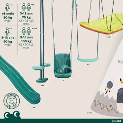 Portique en bois traité multi-activités Camélia – avec vis-à-vis, toboggan, balançoire, tipi, siège bébé et agrès bateau