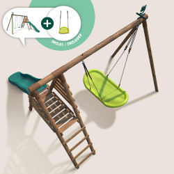 Portique en bois traité multi-activités Violette – avec toboggan, balançoires, vis à vis et agrès bateau