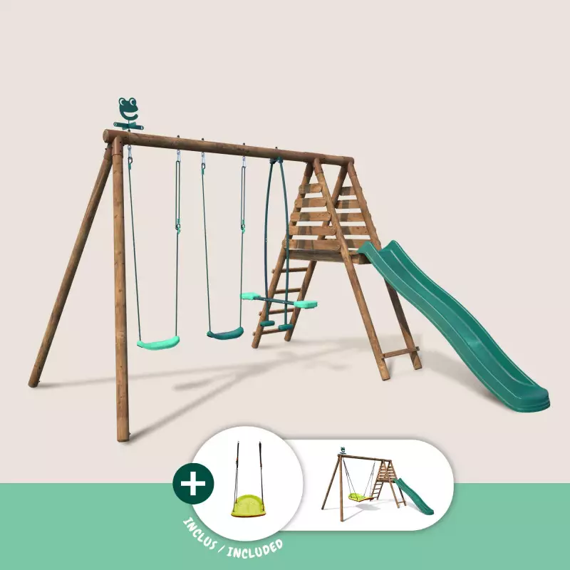 Portique balançoire en bois avec plateforme 3 agrès et toboggan - Vue d'ensemble