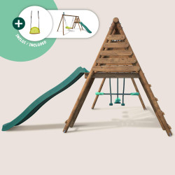 Portique en bois traité multi-activités Violette – avec toboggan, balançoires, vis à vis et agrès bateau