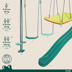 Portique en bois traité multi-activités Violette – avec toboggan, balançoires, vis à vis et agrès bateau