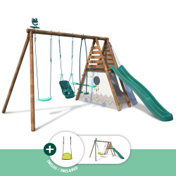 Portique en bois traité multi-activités Camélia – avec vis-à-vis, toboggan, balançoire, tipi, siège bébé et agrès bateau