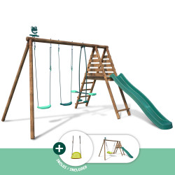 Portique en bois traité multi-activités Violette – avec toboggan, balançoires, vis à vis et agrès bateau