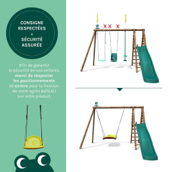 Portique en bois traité multi-activités Tulipe – avec toboggan, balançoires, tipi, siège bébé et agrès bateau