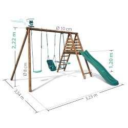 Balançoire en bois 4 agrès et toboggan TULIPE BATEAU - Dimensions du produit