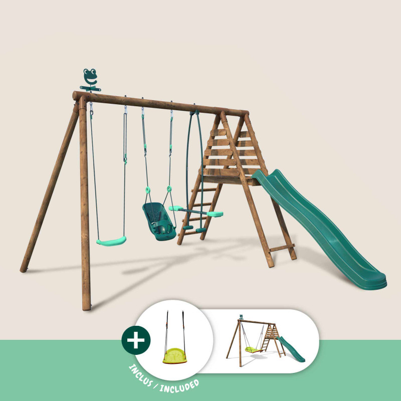 Portique en bois traité multi-activités Tulipe – avec toboggan, balançoires, tipi, siège bébé et agrès bateau