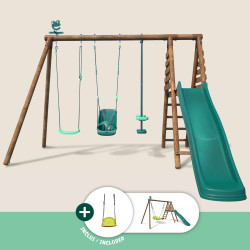 Portique en bois traité multi-activités Tulipe – avec toboggan, balançoires, tipi, siège bébé et agrès bateau