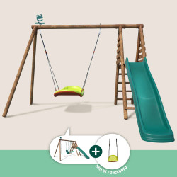 Portique en bois traité multi-activités Tulipe – avec toboggan, balançoires, tipi, siège bébé et agrès bateau