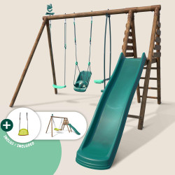 Portique en bois traité multi-activités Tulipe – avec toboggan, balançoires, tipi, siège bébé et agrès bateau