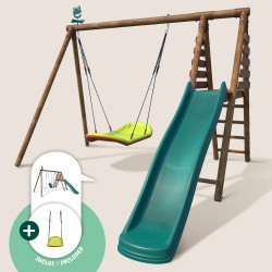 Balançoire en bois 4 agrès et toboggan TULIPE BATEAU - Vue de 3/4 avec nid bateau