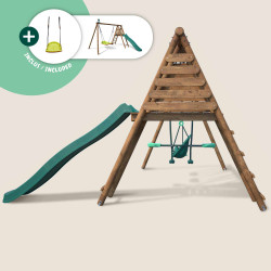 Portique en bois traité multi-activités Tulipe – avec toboggan, balançoires, tipi, siège bébé et agrès bateau