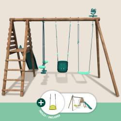 Portique en bois traité multi-activités Tulipe – avec toboggan, balançoires, tipi, siège bébé et agrès bateau