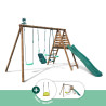Portique en bois traité multi-activités Tulipe – avec toboggan, balançoires, tipi, siège bébé et agrès bateau