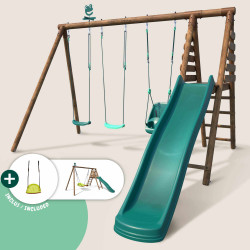 Portique en bois traité multi-activités Ankara – avec toboggan, balançoires, tipi, siège bébé et agrès bateau