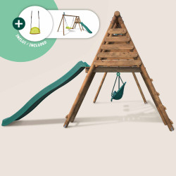 Portique en bois traité multi-activités Ankara – avec toboggan, balançoires, tipi, siège bébé et agrès bateau