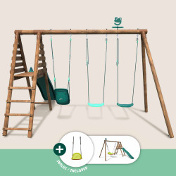 Portique en bois traité multi-activités Ankara – avec toboggan, balançoires, tipi, siège bébé et agrès bateau