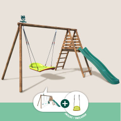 Portique en bois traité multi-activités Ankara – avec toboggan, balançoires, tipi, siège bébé et agrès bateau