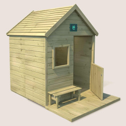 Cabane maisonnette en bois traité avec terrasse et banc enfant - Heidi - Vue de 3/4
