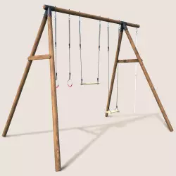 Portique balançoire adolescent en bois 4 agrès avec trapèze GALDAR