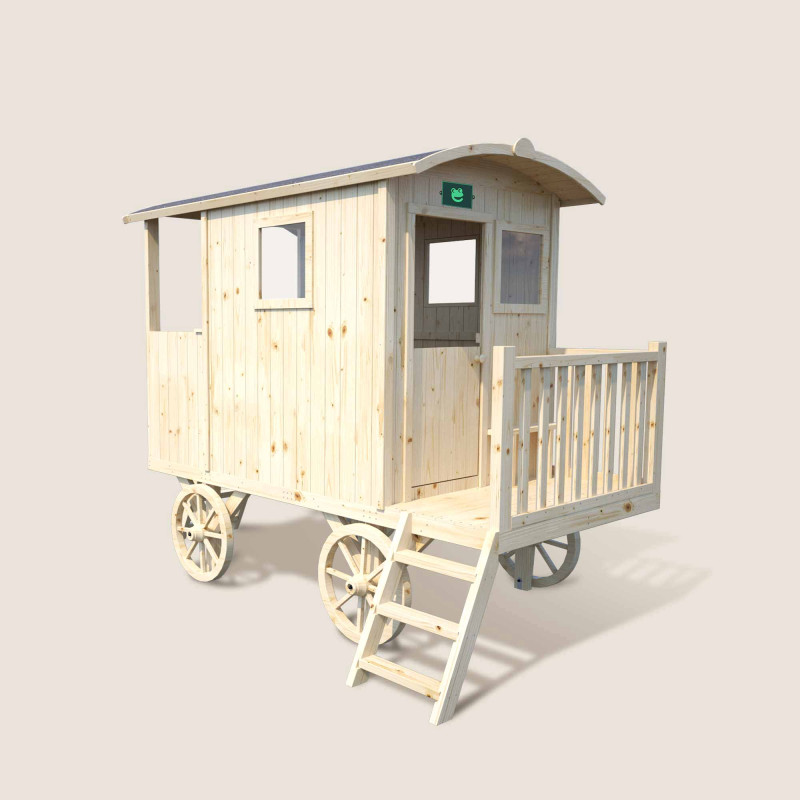 Cabane maisonnette en bois mobile pour enfant - Roulotte Carry - Vue 3/4 droite