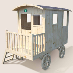Cabane maisonnette en bois mobile pour enfant - Roulotte Carry - Vue de 3/4 côté droit