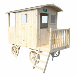 Cabane maisonnette en bois mobile pour enfant - Roulotte Carry - Vue 3/4 droite - Fond blanc