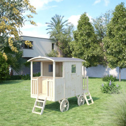 Cabane maisonnette en bois mobile pour enfant - Roulotte Carry - Vue d'ambiance jardin