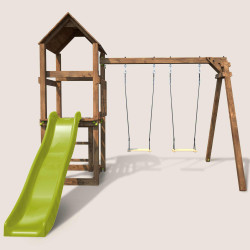 Aire de jeux en bois avec balançoire et toboggan – Nouméa - 2 balançoires avec assises en bois - Vue de face