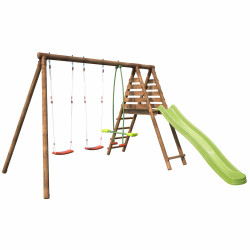 Portique en bois avec plateforme 3 agrès avec face à face et toboggan - Violaine
